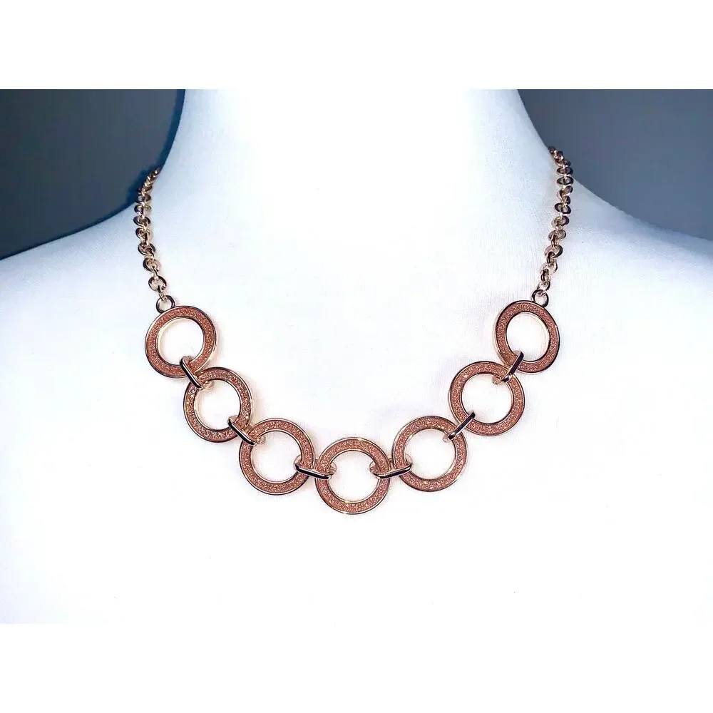 Sparkly Rose Gold Tone Druzy Interlocking Circle Statement Necklace